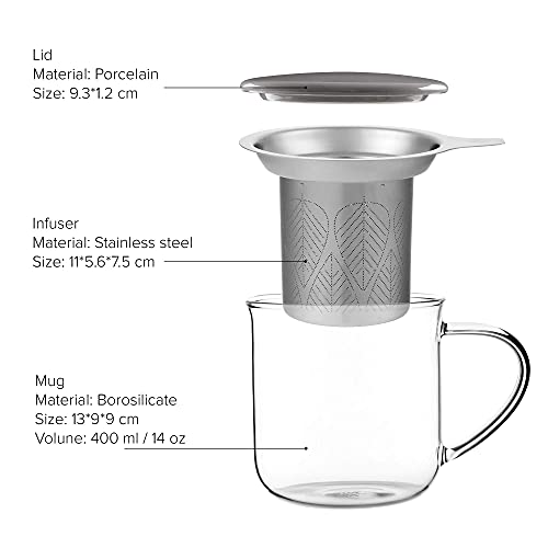 VIVA Minima Eva Glass Tea Cup with Infuser & Lid - Wool Grey, 14 oz