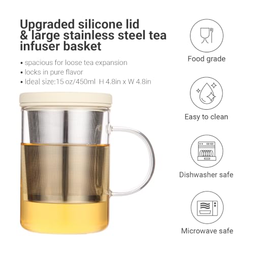 Emoi 15 oz Glass Tea Cup with Infuser & Lid, Loose Leaf Tea Brewer