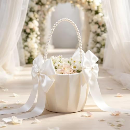 Ivory Flower Girl Baskets with Pearl Handles, Set of 2 for Wedding Ceremony