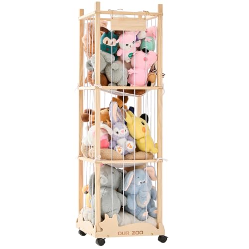 56-Inch Stuffed Animal Storage Zoo Tower with Wheels, Wooden Toy Organizer