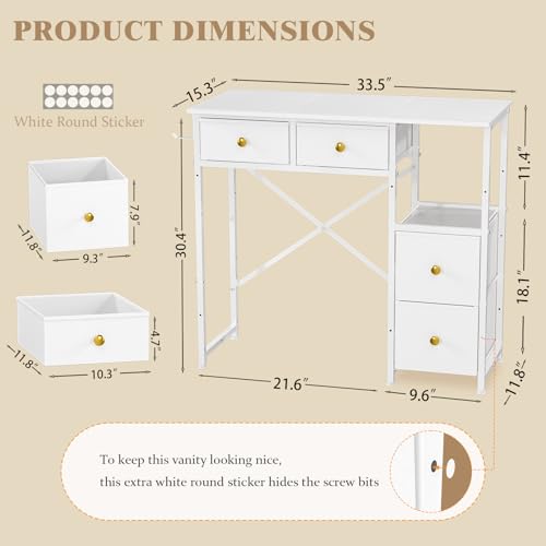 Small White Vanity Desk with 4 Fabric Drawers, 33.5-Inch Dressing Table