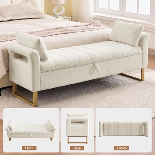 66-Inch Teddy Fabric Storage Bench for Bedroom with Gold Legs and 2 Pillows