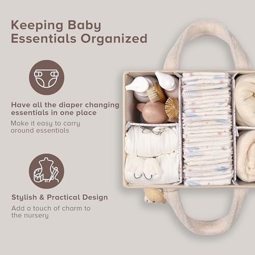 PeraBella Sherpa Baby Diaper Caddy Organizer with Handle & Teddy Bear