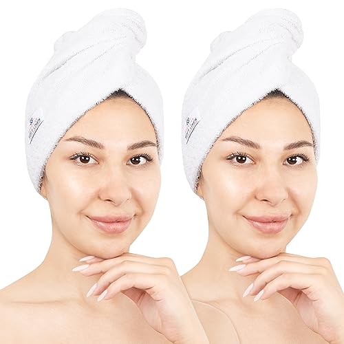 White Cotton Hair Turban Towel for Women - Soft Absorbent Head Wrap, 2 Pack