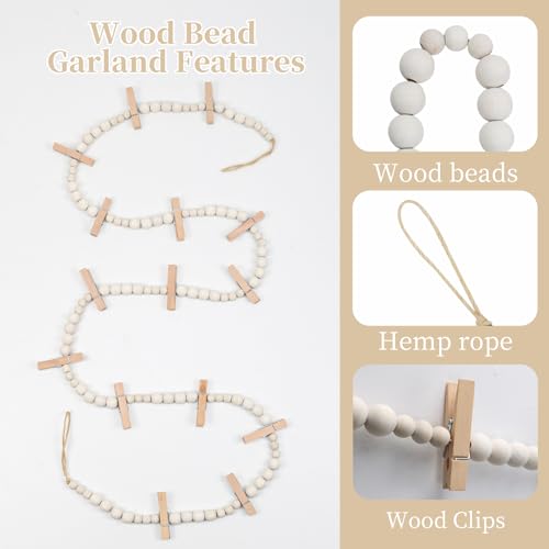3PCS Boho Wooden Bead Hanging Photo Display with 45 Clips, 67 Inch Wall Art