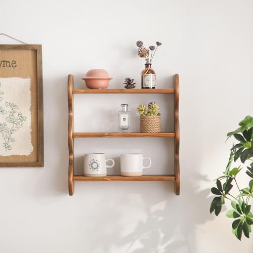 3-Tier Solid Wood Floating Wall Shelf - Rustic Farmhouse Storage Rack