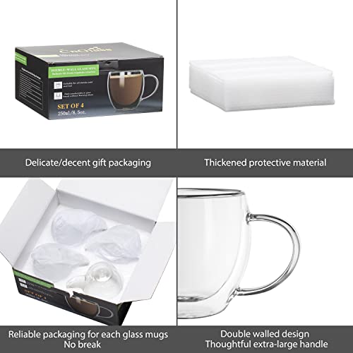 CNGLASS 8.5oz Set of 4 Double Wall Insulated Glass Coffee Mugs with Handle
