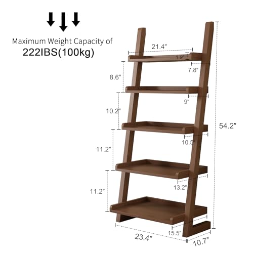 5-Tier Wooden Leaning Ladder Shelf, Modern Rubberwood Bookshelf