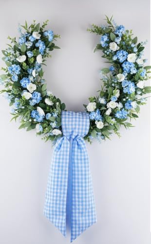 Blue and White Checkered Wreath Sash (2-Pack) - 54" Plaid Front Door Ribbon