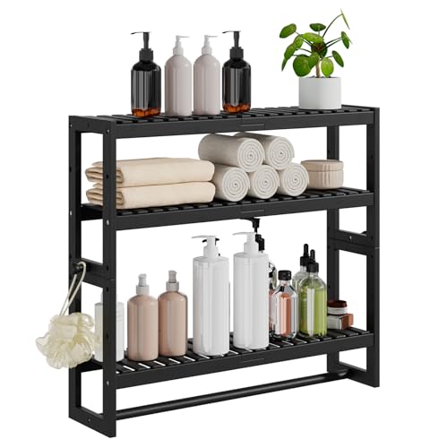 3-Tier Bamboo Bathroom Storage Shelf with Towel Bar and Hooks