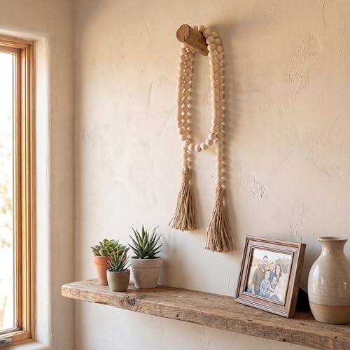58-Inch Wood Bead Garland with Tassels – Boho Farmhouse Home Decor