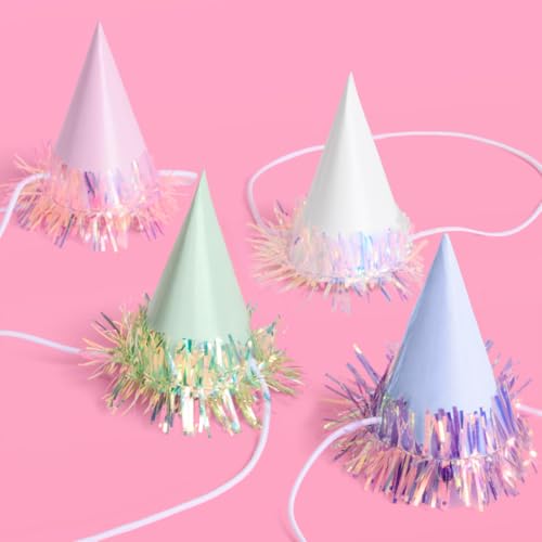 10-Piece Iridescent Mini Party Hats with Foil Fringe and Elastic Strap