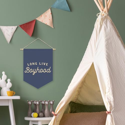 Long Live Boyhood Canvas Wall Banner, Navy Blue Nursery Playroom Decor