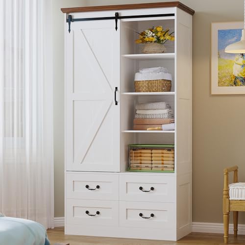 71-Inch Wooden Wardrobe Closet with Sliding Barn Doors and 4 Drawers