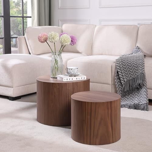 Round Nesting Coffee Table Set of 2, Modern Wood Drum Side Tables