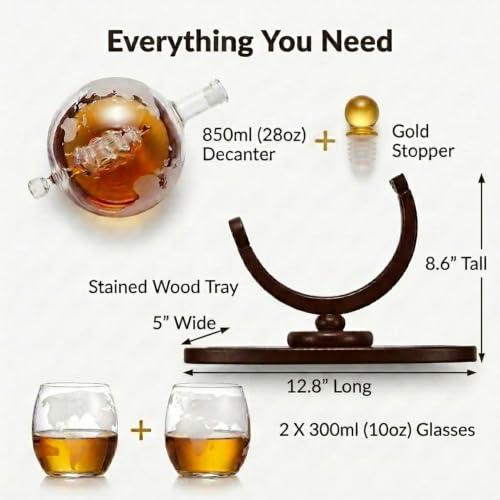 Godinger Whiskey Decanter Globe Set with 2 Etched Glasses, 850ml - Gift for Men