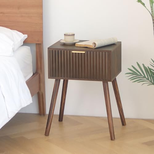 Mid-Century Fluted Nightstand with Drawer and Open Shelf, Walnut Finish
