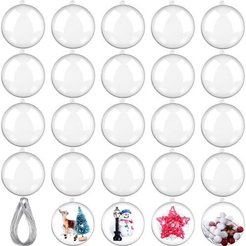 Sratte 24 Pcs Clear Christmas Ornaments 3.15 Inch with Silver Hanging Lanyard - Fillable Plastic Balls