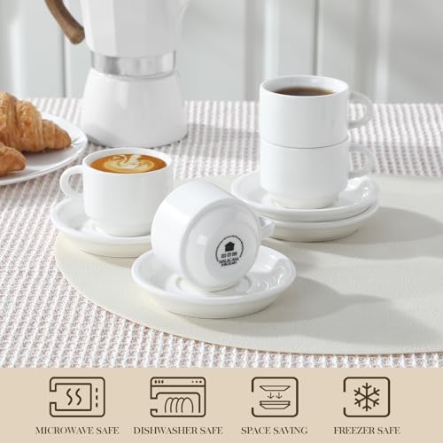 MALACASA Porcelain Espresso Cups Set of 4 - 2.5 Oz White Cappuccino Cups with Saucers & Metal Stand
