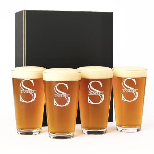 Custom Engraved Pint Glasses - Personalized Set of 4 Beer Glasses