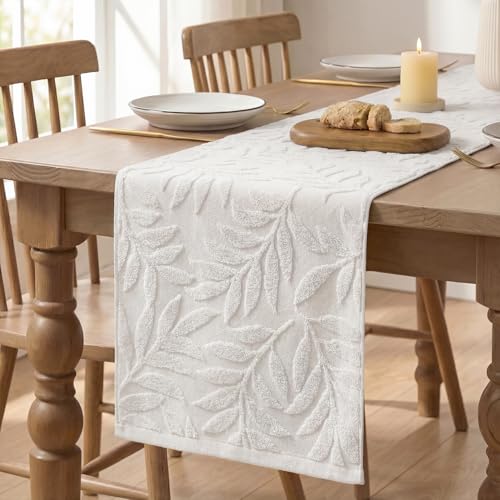 White Cotton 3D Leaves Table Runner 13x72 Inch Holiday Kitchen Decor