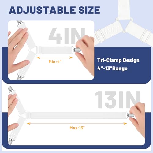 Adjustable Bed Sheet Straps with Metal Clips - Triangle Fasteners (4 Pack)