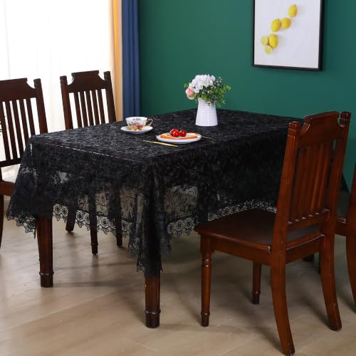 Large Black Lace & Jacquard Farmhouse Tablecloth 140 x 60 inches