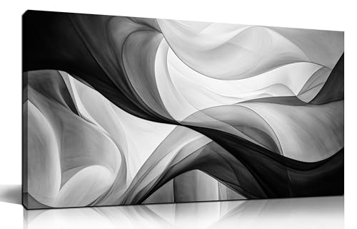 Abstract Minimalist Curve Line Canvas Wall Art, Black and White, 40x20 Inch