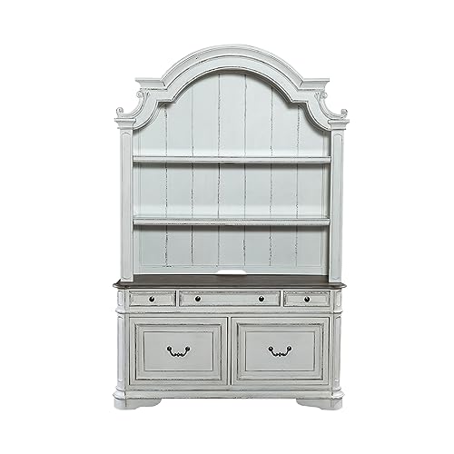 Magnolia Manor Filing Credenza and Hutch with Touch Lighting - Antique White