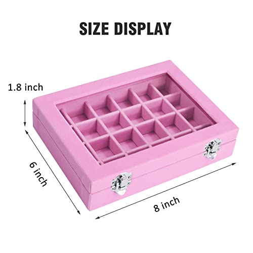 24-Grid Velvet Jewelry Box Display Organizer Tray with Clear Glass Lid (Pink)