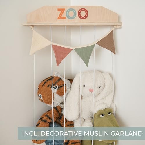 Corner Stuffed Animal Storage Zoo with Wooden Shelves and Hanging Garland