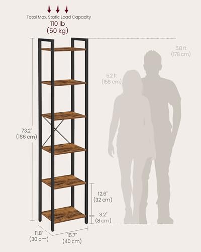 VASAGLE Rustic Brown & Black 6-Tier Industrial Bookcase 73.2"H Shelving Unit