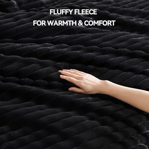 Fluffy Faux Fur Queen Comforter Set - 3-Piece All-Season Black Bedding