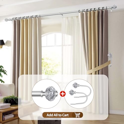 Adjustable Silver Curtain Rod with Crystal Finials, 32 to 58 Inch