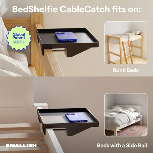 BedShelfie Bedside Shelf Clip-On Nightstand & Cable Catch, Black