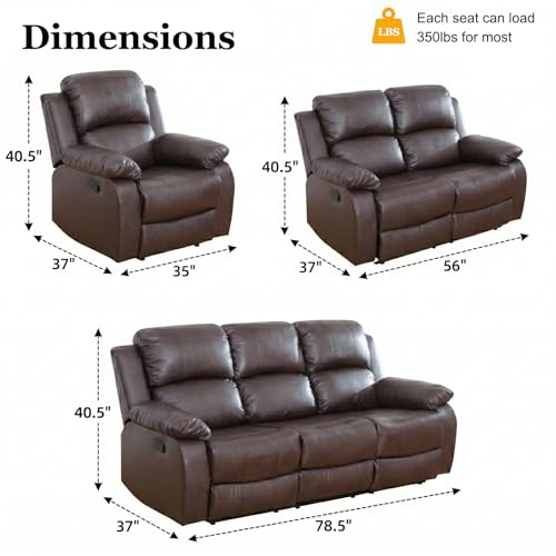 BrisaNube Brown 3-Piece Reclining Leather Sofa Set with 1 Seat, Loveseat & 3-Seat Couch