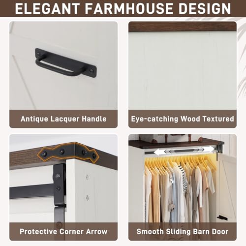 Farmhouse Armoire Wardrobe with Sliding Barn Doors, LED Lights & Drawers