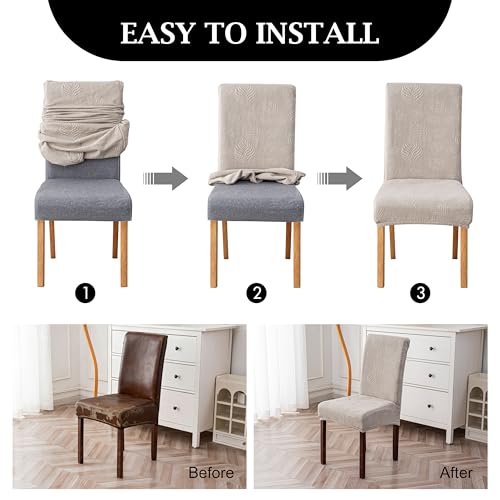 Waterproof Dining Chair Cover Set of 4 - Stretch Slipcovers with Leaf Jacquard, Warm Grey