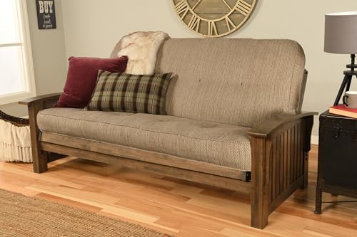 Full Size Futon Sofa Bed with Rustic Walnut Hardwood Frame
