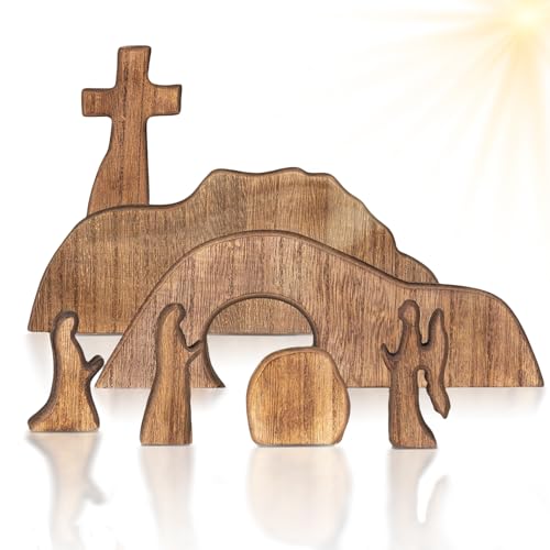Wooden Easter Resurrection Scene, 7-Piece Empty Tomb & Cross Tabletop Decor