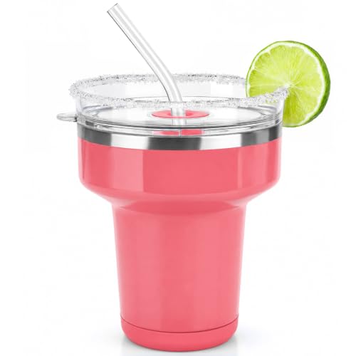 Cafezi Coral Pink 16 oz Insulated Margarita Tumbler with 360° Sippable Lid & Straws