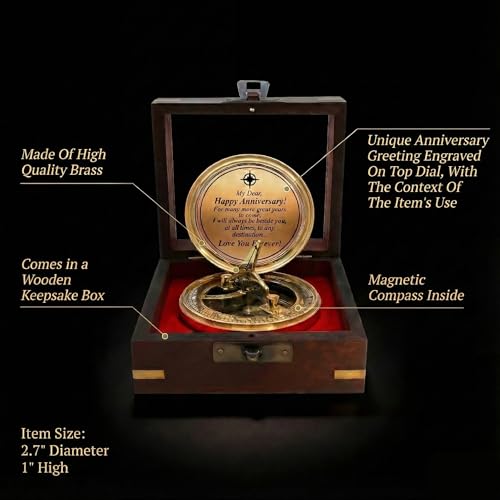Antique Brass Sundial Compass Anniversary Gift for Husband or Wife