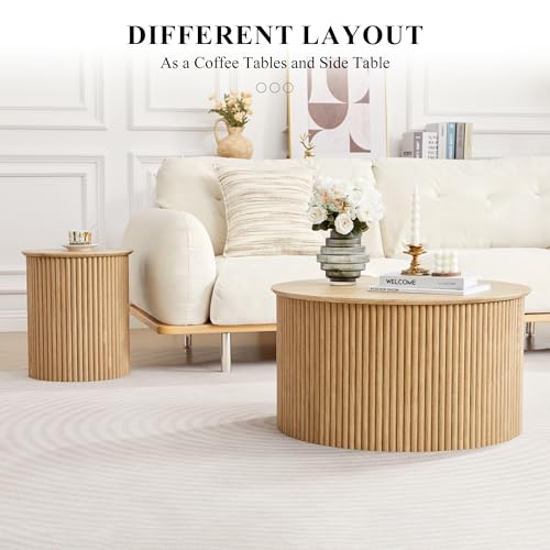 Fluted Round Nesting Coffee Table Set of 2, Modern Wood Center Tables