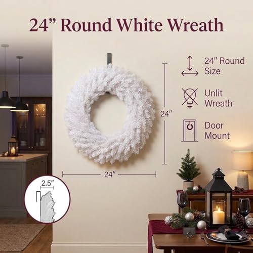 24-Inch White Artificial Christmas Wreath for Front Door and Home Decor