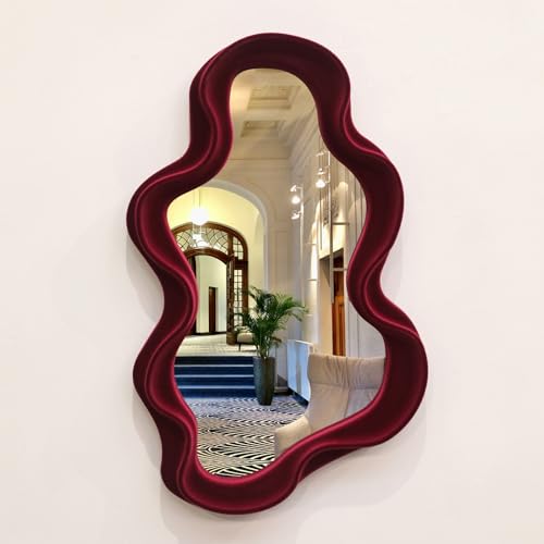 Wine Red Wavy Wall Mirror, 16x10" Flocked Cloud Decorative Mirror