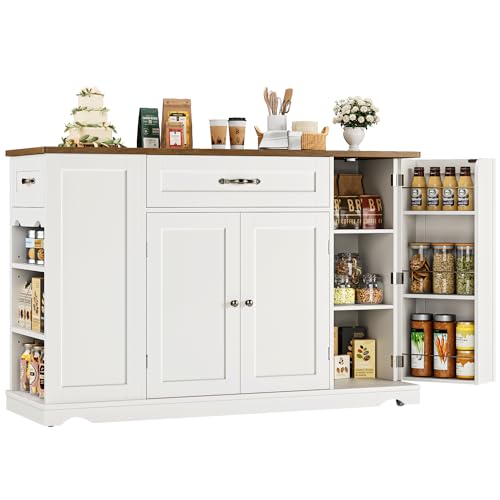 47-Inch Rolling Kitchen Island Cart with Storage Drawers & Shelves - White