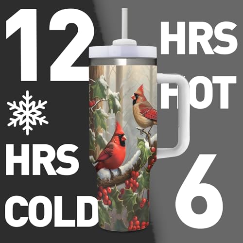 Christmas Red Birds 40oz Insulated Stainless Steel Tumbler with Lid & Straw - Dewoofly