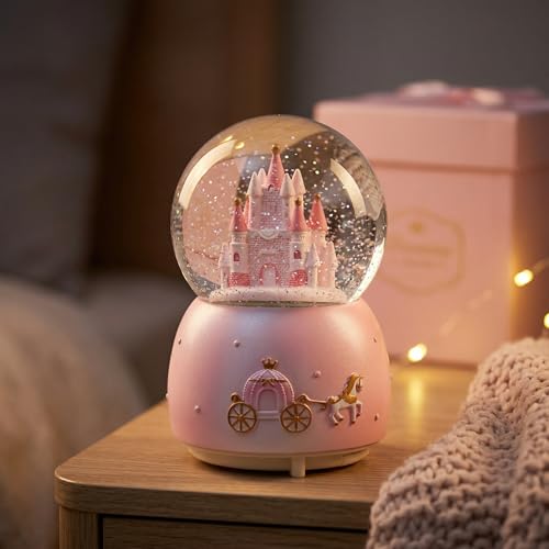 Rotating Castle Snow Globe Music Box with LED Lights and Melodies
