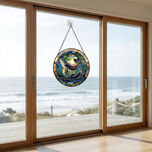 SJUYODOO Blue and Purple Stained Glass Window Hanging, Whale & Sea Waves Sun Catcher, 11.8in