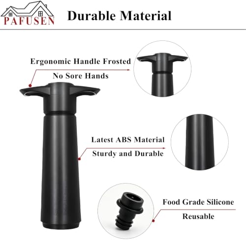 Pafusen Vacuum Wine Stopper Set with Pump, 4 Reusable Stoppers, Black - Keeps Wine Fresh 7 Days